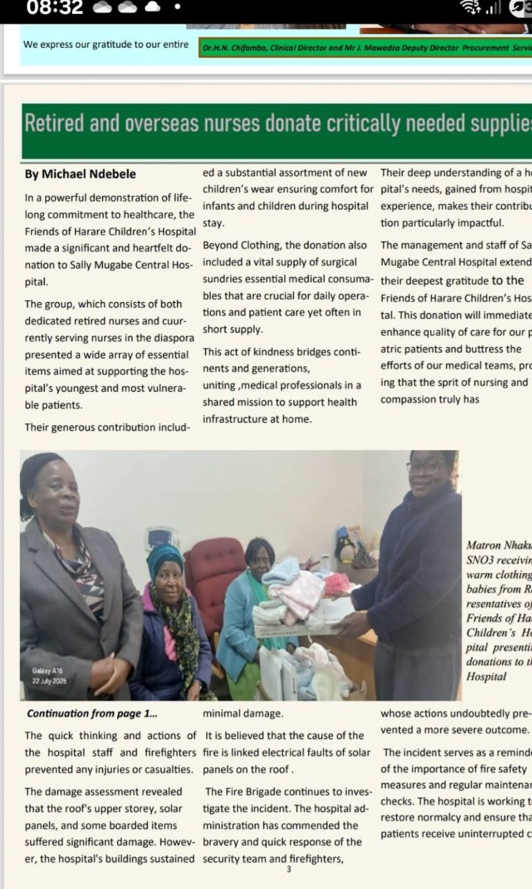 Acknowledgement letter by Harare Hospital management, published in the hospital newsletter
