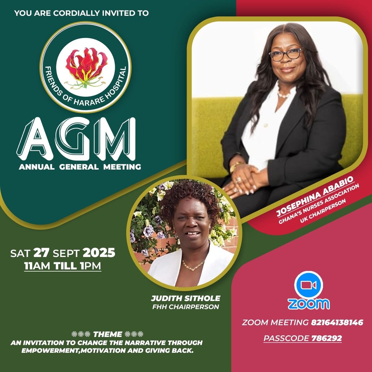 FHH Annual General Meeting 2025 official invitation poster featuring Josephina Ababio and Ms Judith Sithole
