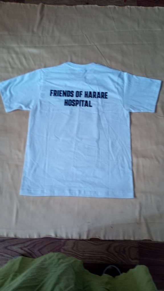 FHH white T-shirt — back printed 'Friends of Harare Hospital'