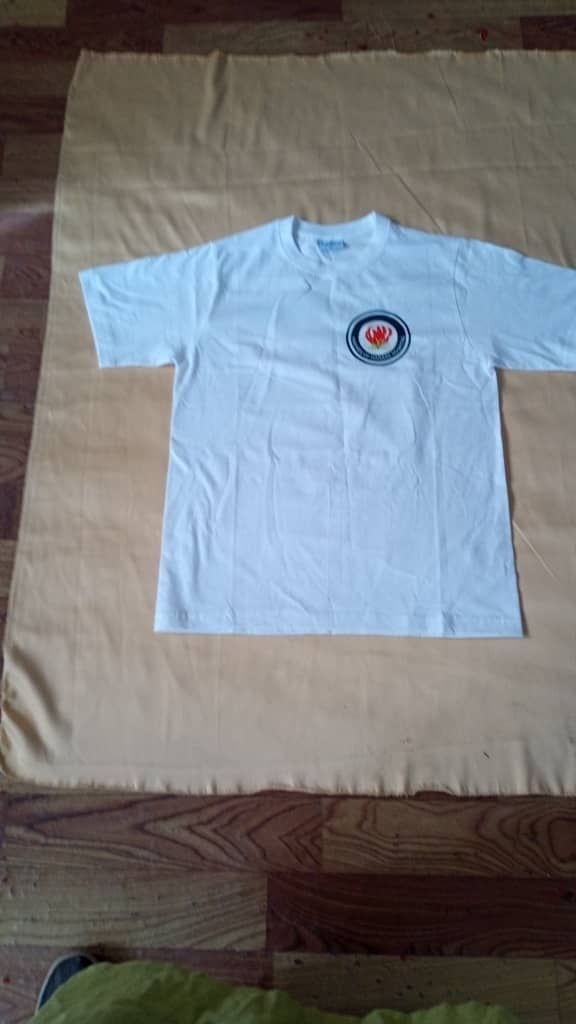 FHH white T-shirt — front with embroidered FHH logo